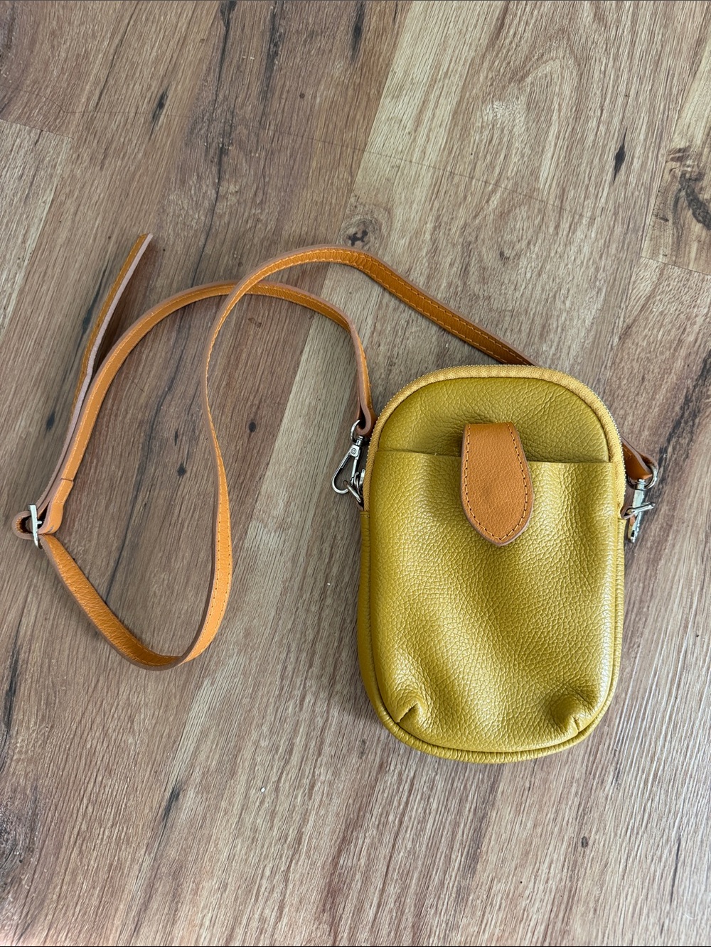 Divina Firenze Mini Crossbody Leather Pouch in Mustard Yellow with Tan Strap